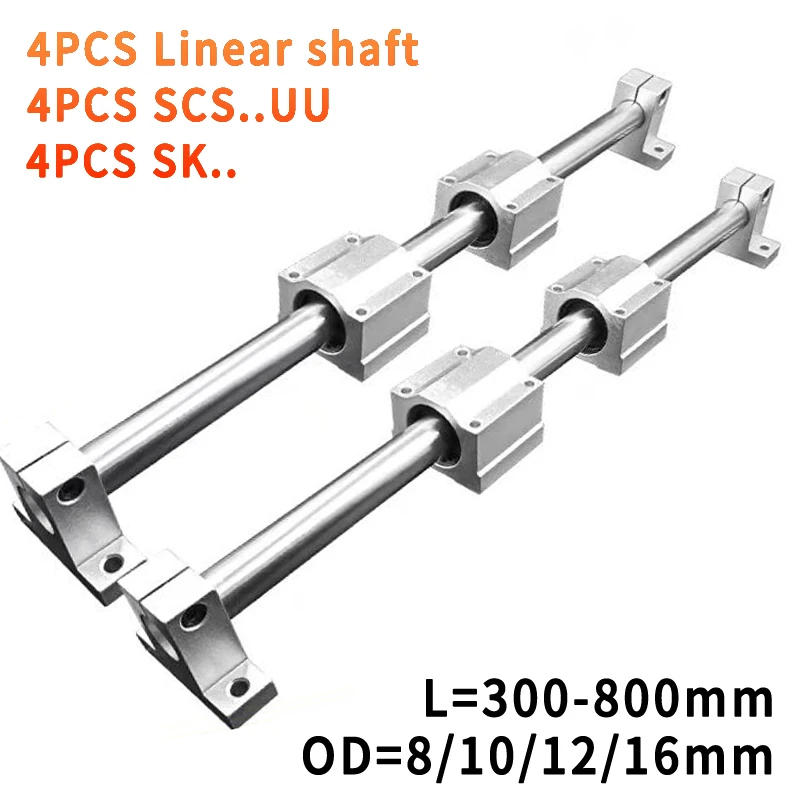 

10pcs/Set Optical Axis Linear Rail Shaft D8/10/12/16mm 100-800mm+SCS8/10/12/16UU Linear Bearing Blocks+SK8/10/12 Bearing Support