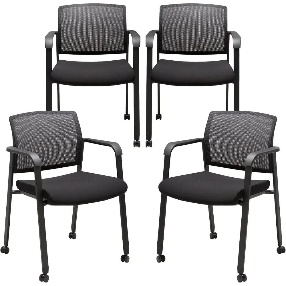 

Mesh Back Guest Reception Arm Chairs with Wheels, Waiting Room Chairs with Upholstered Fabric Seat and Ergonomic Lumbar Support
