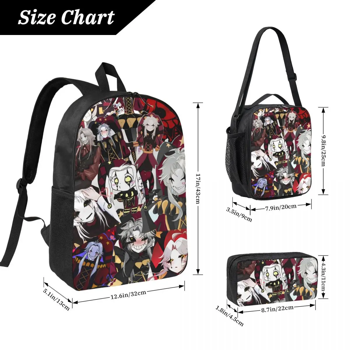 3Pcs Pierrots The Freak Circus Backpack Set for Boy Girl Pencil Boxes Bookbag Sets with Lunch Box For School Students Knapsack