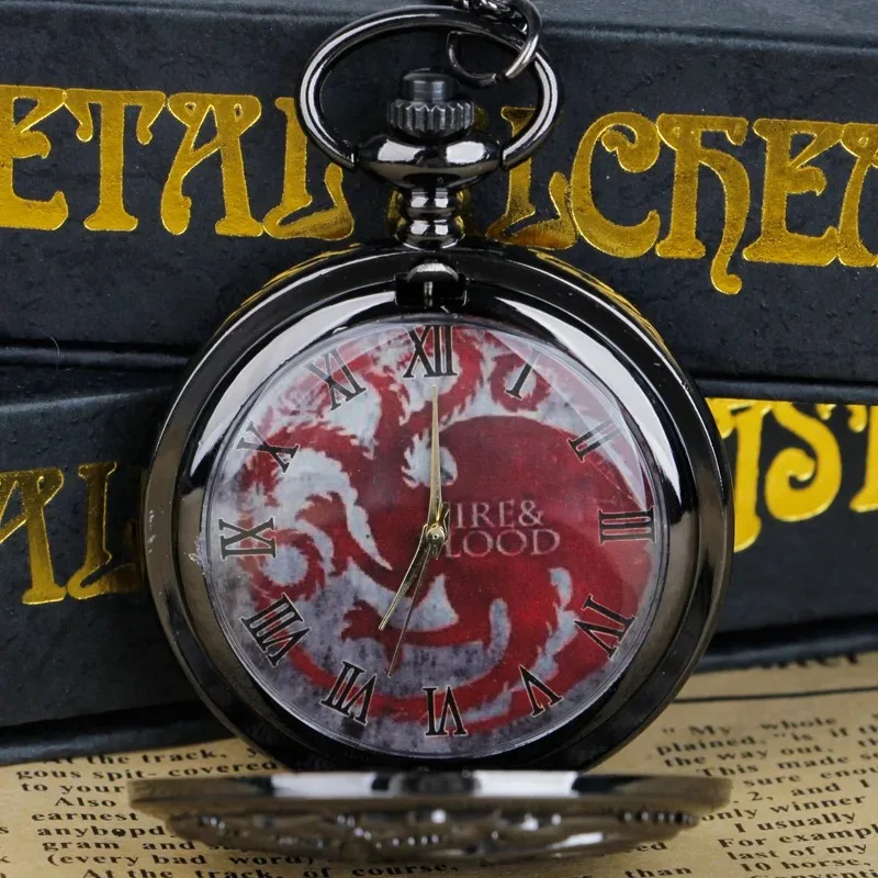 Black Vintage Quartz Pocket Watch Dragon Engraved Flip Roman Numerals Necklace Clock Unisex Student Gifts for Women Men