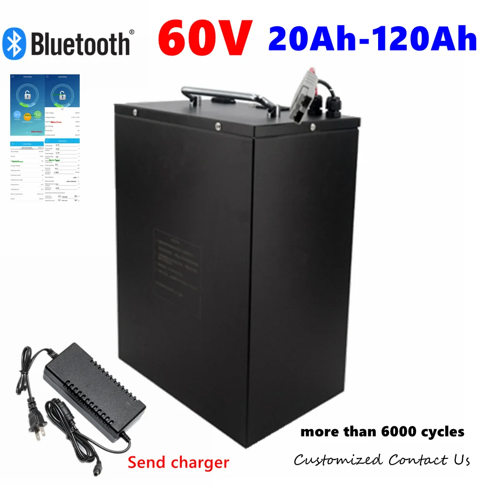 HS 100Ah 60V 60Ah 80Ah 30Ah 60V 40Ah 150Ah 120Ah lifepo4 Lithium battery with Bluetooth APP BMS for Scooter boat + charger