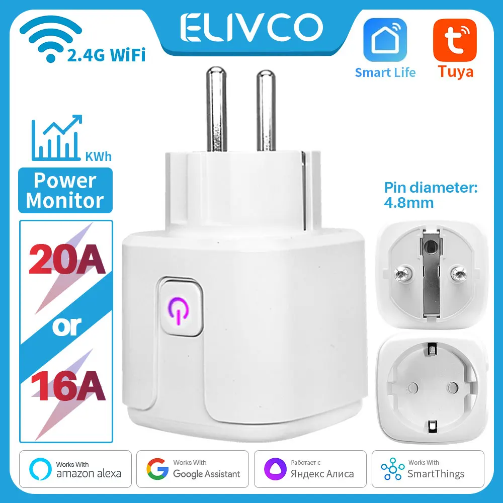 20A/16A Tuya Smart Plug Power Monitor WiFi Socket, Smartlife App, Works with Alexa, Google Home, Alice, Smart Things Smart House