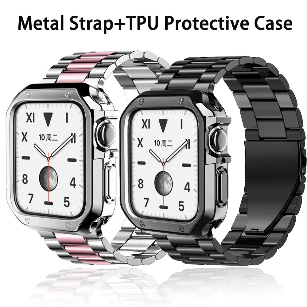 معدن الفولاذ المقاوم للصدأ حزام ل سوار ساعة يد آبل 45 مللي متر 41 مللي متر 44 مللي متر 42 مللي متر 40 مللي متر لينة حافظة واقية من البولي يوريثان ل iWatch 9 8 7 6 5 4 3 SE