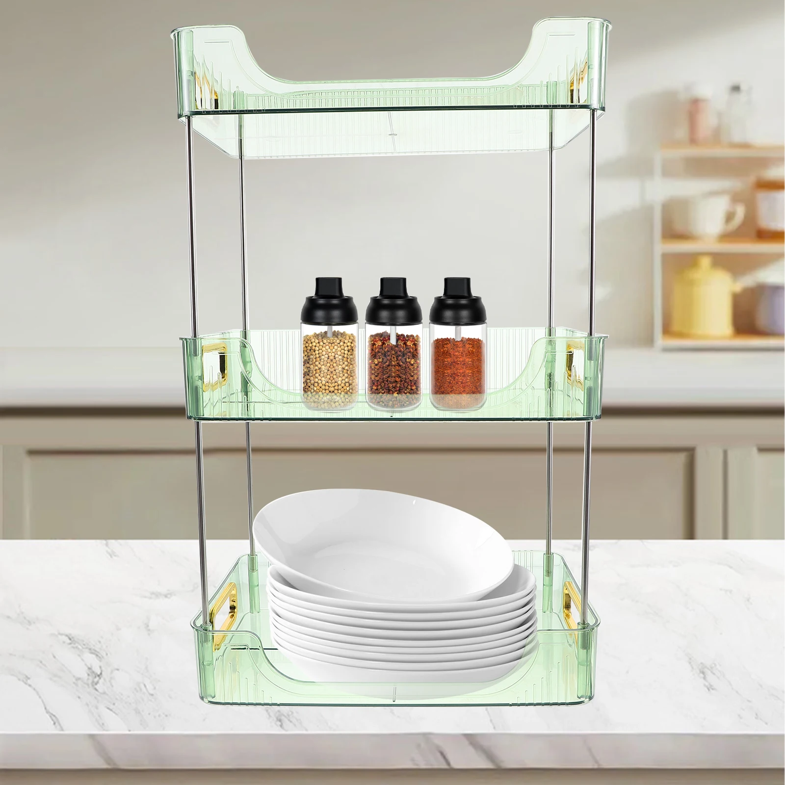 

Multi layer Transparent Green Storage Rack 3 Tiers Carbon Steel Desktop ganizer Bathroom Counter Pantry Shelf Kitchen Space