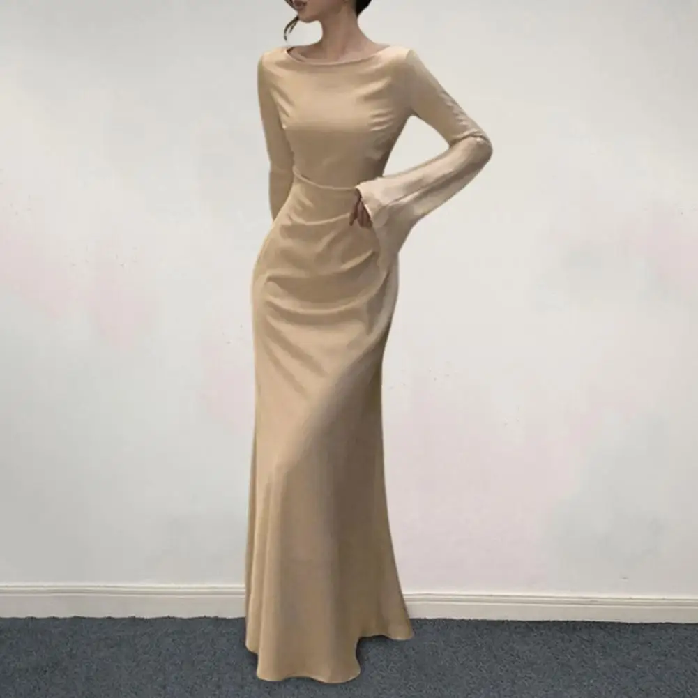 

Round Neck Pleated Dress Bride Maxi Dress Elegant Women's Evening Dress with Bell Sleeves Fishtail Hem A-line Prom for Formal