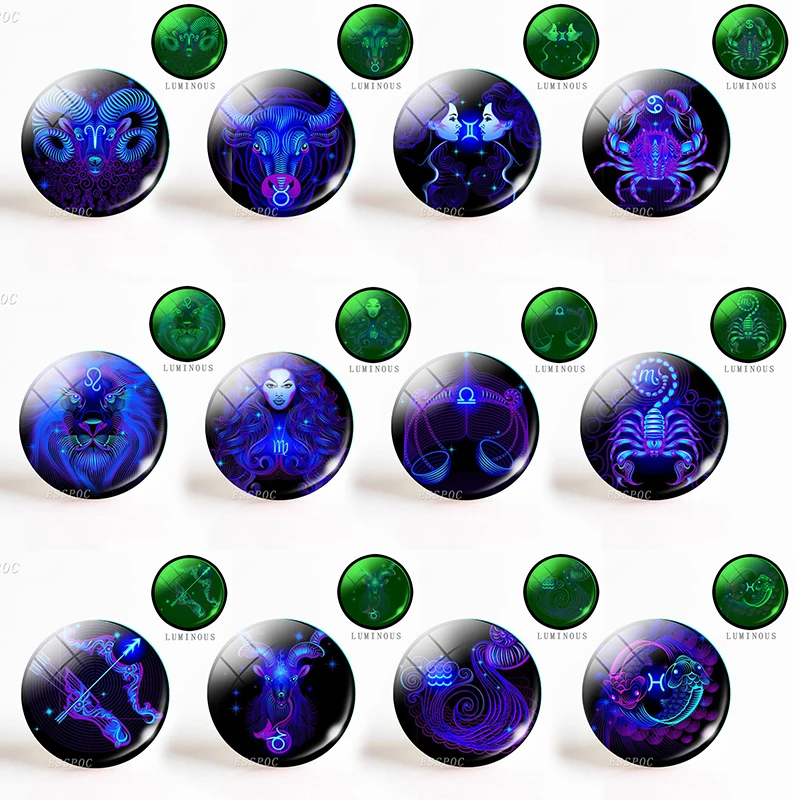 12Pcs/set Glowing In The Dark Zodiac Sign Constellation Glass Cabochon Luminous 25 Mm Diy Glass Jewelry Making 16 Style Zodiac