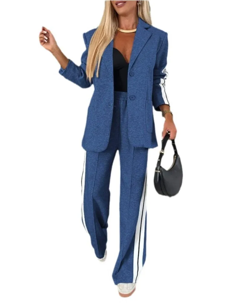 Autumn Winter 2 Piece Set Women Temperament Stripe Patchwork Lapel Long Sleeve Blazer Straight Trousers Two Piece Set Female New