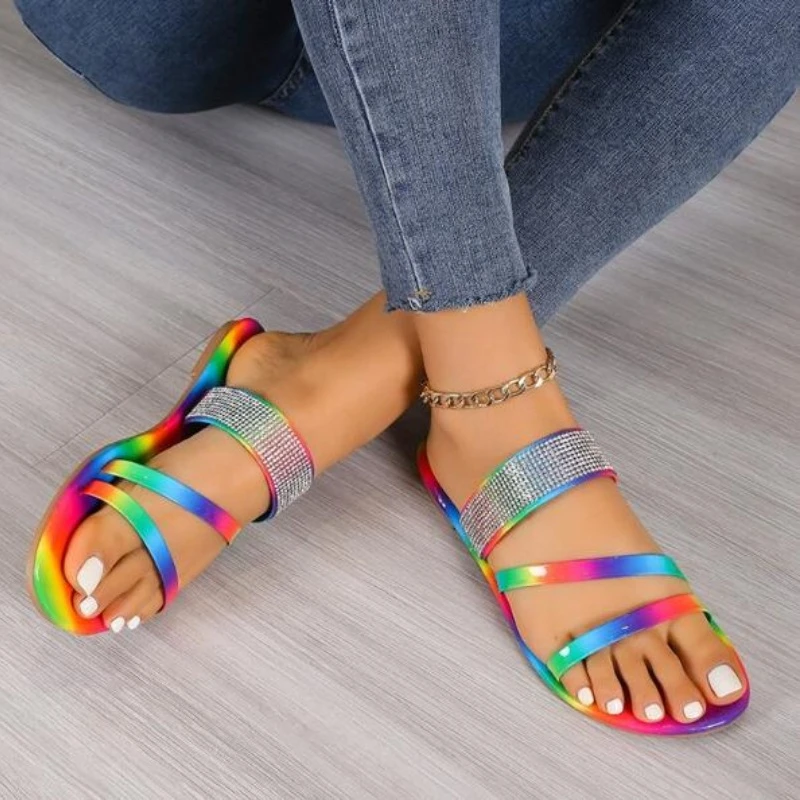 2024 Summer Women sandals Rhinestone Rainbow Women Sandals Flip flops Beautiful Female Slippers Outdoor Beach Fashion Flat Shoes