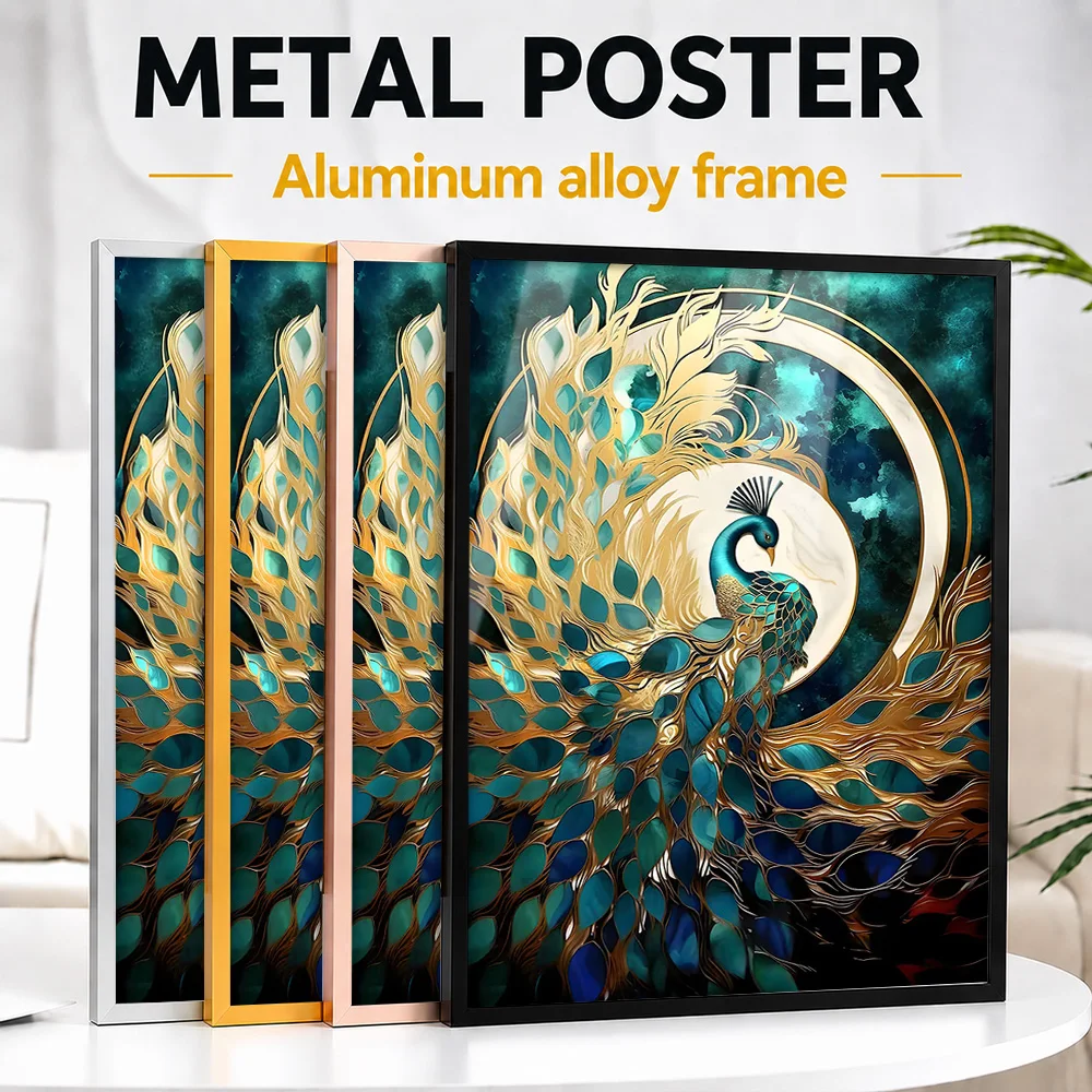 Abstract Peacock Kintsugi Framed Aluminum Metal Poster Customized Photo Gallery Style Wall Art For Studio Memorable Friend Gift