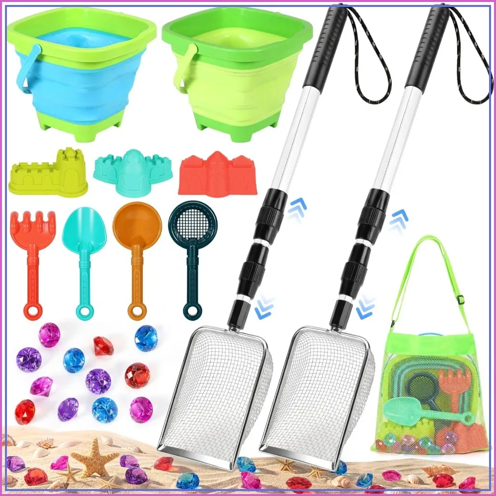 

Beach Sand Toys Set: 2 Adjustable Sifters, Collapsible Bucket, Shovels, Castle Kit, Diving Gem, Seashell Bags, Shell Scooper