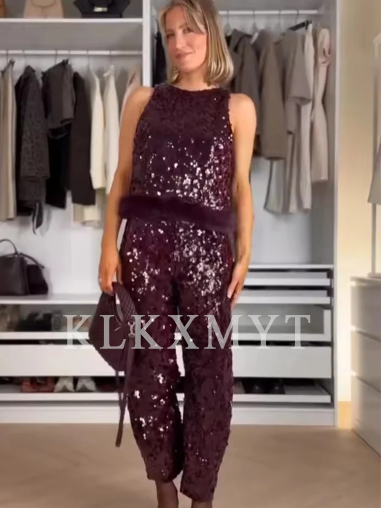 Vrouwen Pailletten Set 2025, Vrouwen Nieuwe Mode Mouwloze Backless Korte Top + Leisure Broek Tweedelige Set Vrouwen Elegant pak