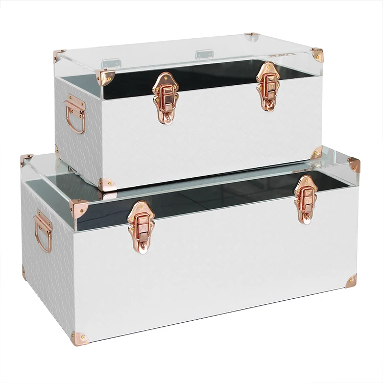 *Leather Storage White and Black and Red Set of 2  Trunk with Acrylic Lid and Rose Gold Lock Accessories