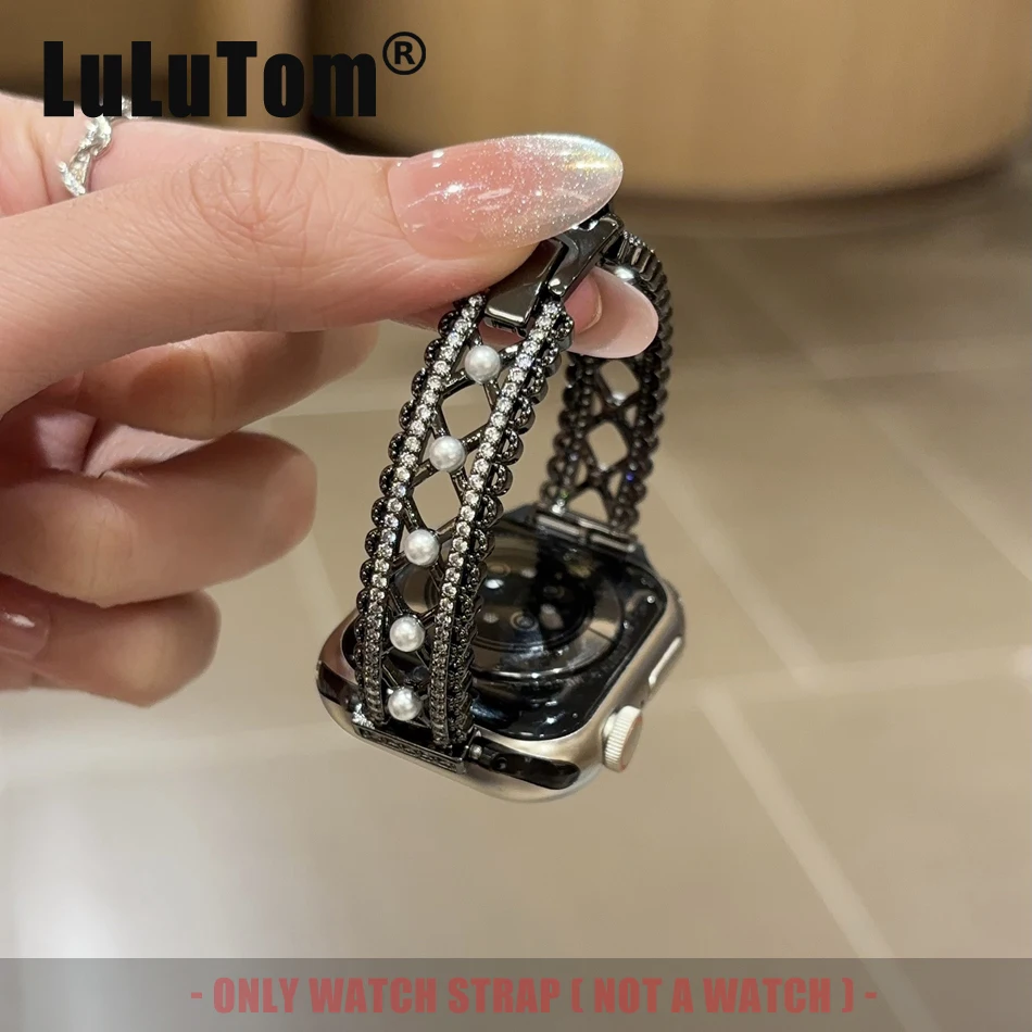 

Роскошный ремешок с жемчугом и цирконием для Apple Watch Band Series 10 9 8 7 6 SE 5 4 3 Ultra iwatch 46 42 38 40 41 44 45 49 мм Женский браслет