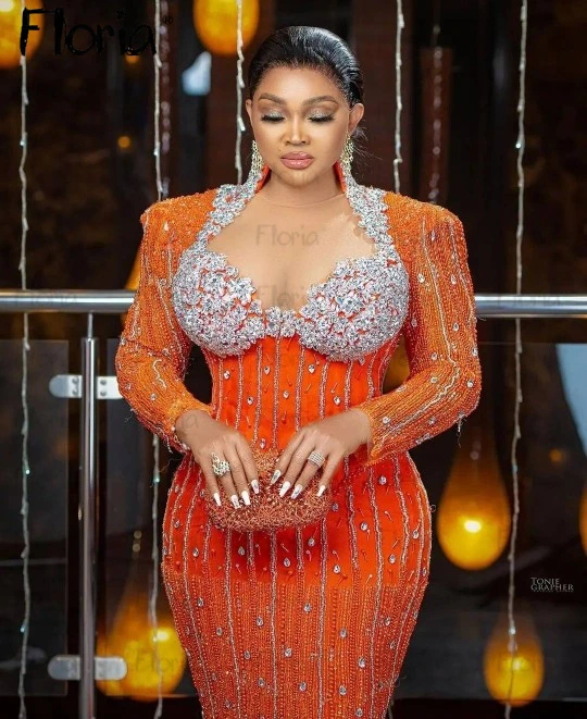 African Long Sleeve Orange Celebrity Gowns Heavy Crystals Wedding Party Dresses Mermaid Formal Host Dresses Gala Pageant Dress