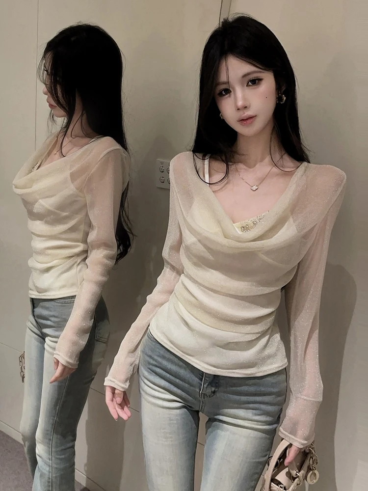 Sexy Mesh Long Sleeve T-Shirt Korean Style High Waist Folded High Neck Single Wear Drill Glittering Skin-friendly Breathable