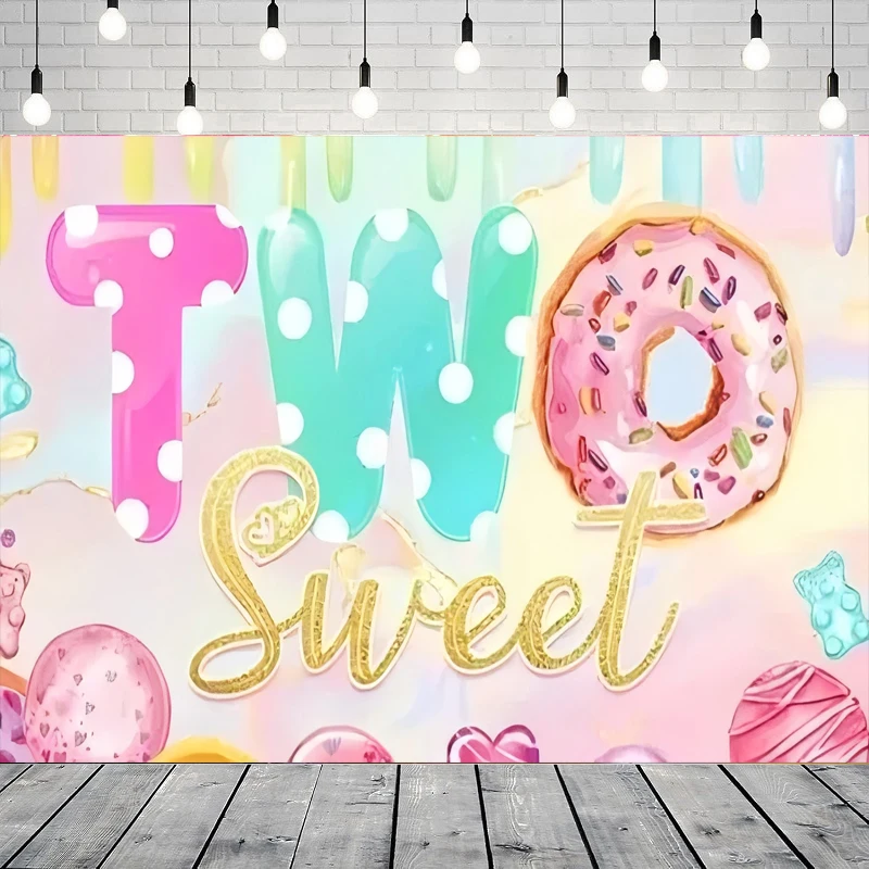 Fondo de fotografía de dos dulces donuts, fondo de oro rosa azul caramelo dulce, decoración de pancarta de pared para fiesta de segundo cumpleaños de niña