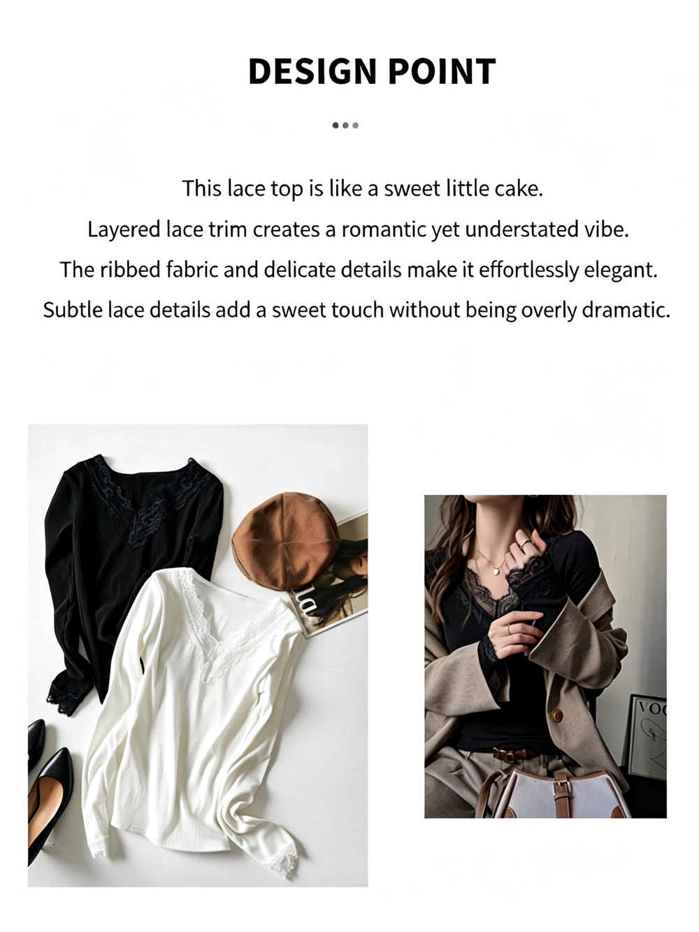 Elegante Damen-T-Shirts mit Spitzenbesatz, V-Ausschnitt, langen Ärmeln, schlichtem Design, schmaler Passform, integrierten Schulterträgern, als Basis-T-Shirt für Herbst und Winter, zum Tragen in Schichten, Unterhemd. – Detail 6