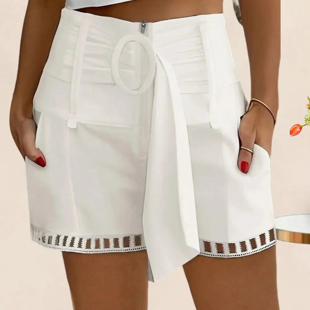 1Pc Slim Fit Women Shorts Adjustable Belt Lace Shorts Stylish Side Pockets Women's Summer Shorts with Hollow Out Design for Wear