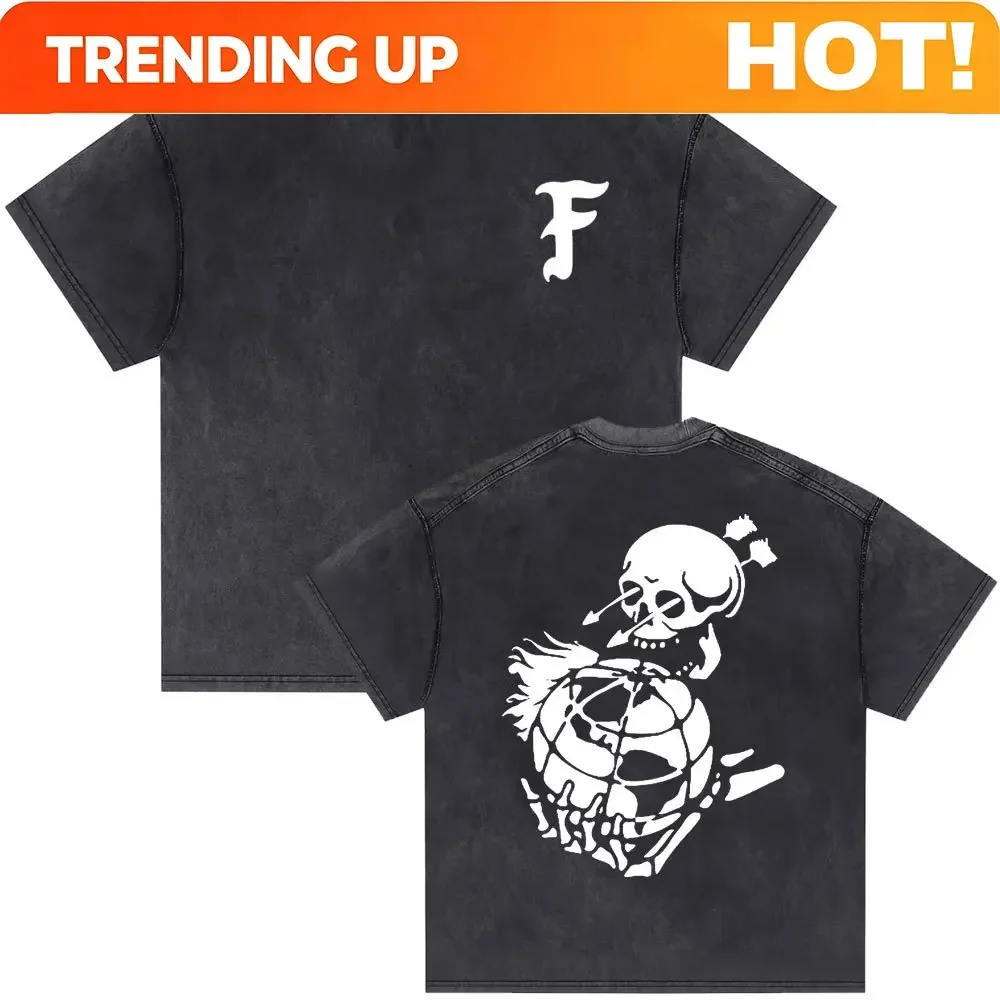 Customization Washed Vintage Forward Observations Group T-shirt Skeleton Graphic Tees Men's Cotton Oversized Tshirt Male Gothic
