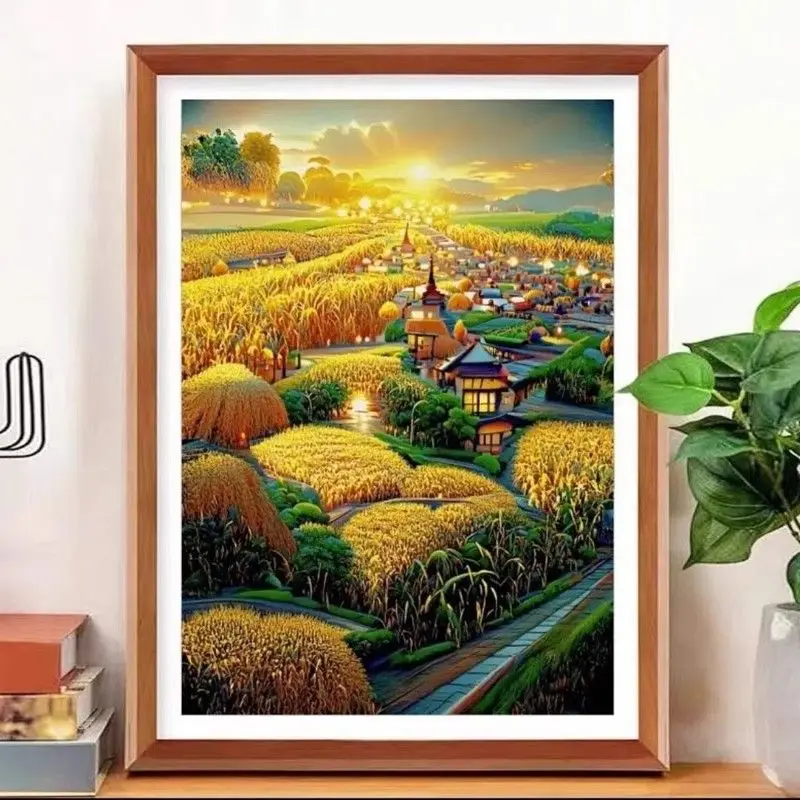 

Gold paddy field handmade cross stitch finished product, new living room, foyer, countryside, field scenery, small embroidered