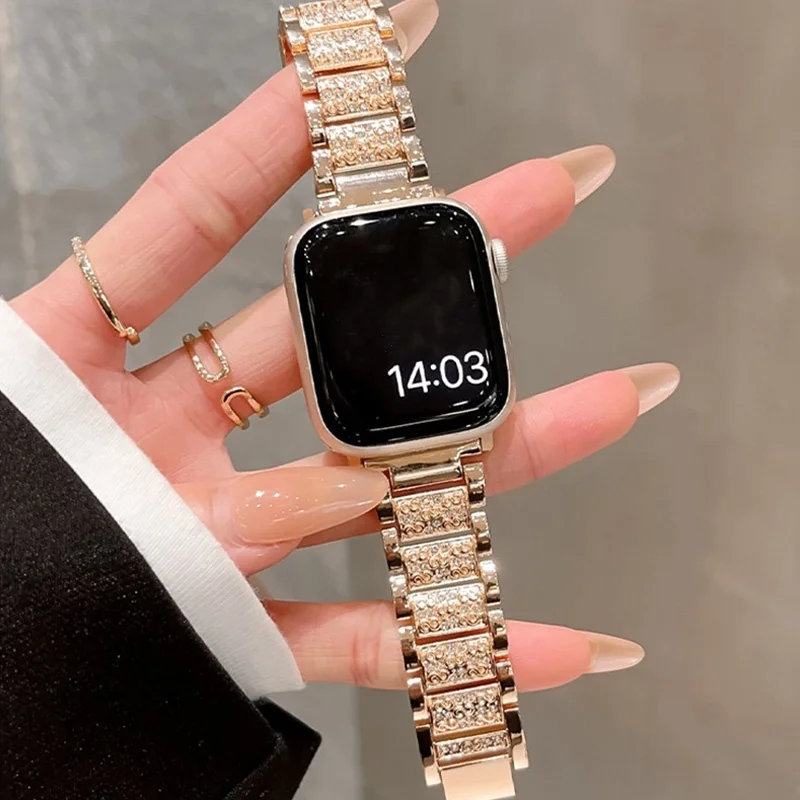 Diamond Women Stainless Steel Band For Apple Watch Ultra 49mm 41 45mm Strap 40 44mm 38 42mm Bracelet for iWatch 9 8 7 se 6 5 4 3