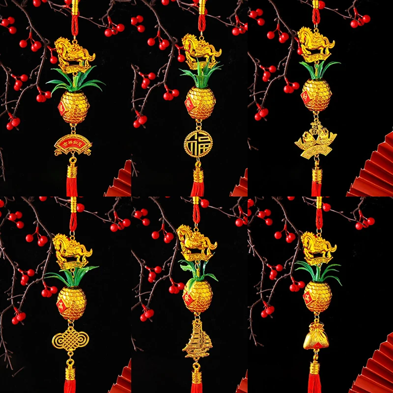 2026 سنة الحصان الجدار الشنق سيارة زخرفة السنة الصينية الجديدة الذهب الأحمر الأناناس قلادة محظوظ الديكور هووسورمينغ الهدايا #5