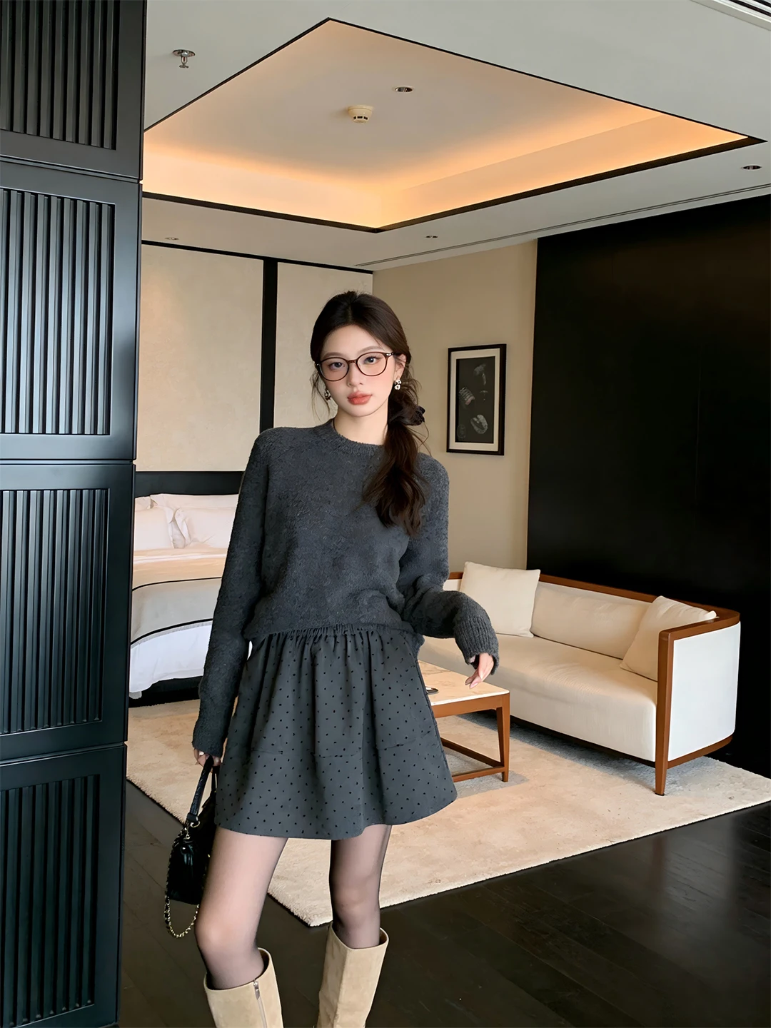 

Korean Polka Dot A-Line ort Skirt Elastic Waist 3D Tailoring Design Slimming High Waist Suitable for Taller Women