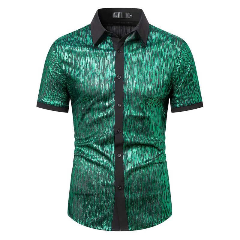 Shiny Metallic Shirt Men 2024 Brand Slim Short Sleeve Chemise Homme 70s Diaco Party Dance Shirt Hip Hop Streetwear Tops Blouses