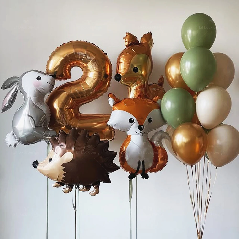 Igel Hirsch Fuchs Kaninchen Ballon Set Gold Zahlenballon für Jungen Waldtier Alles Gute zum Geburtstag Partydekorationen Kindergeschenke