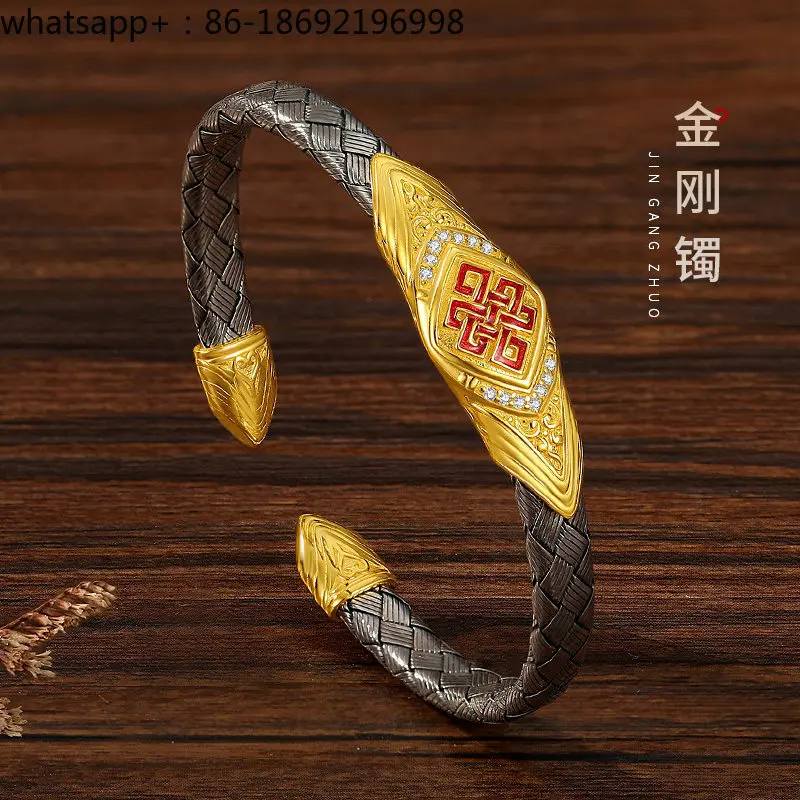 S925 Sterling Silver Bracelet Men's Retro Personality Open Gilt Handwoven Diamond Bracelet Silver Bracelet
