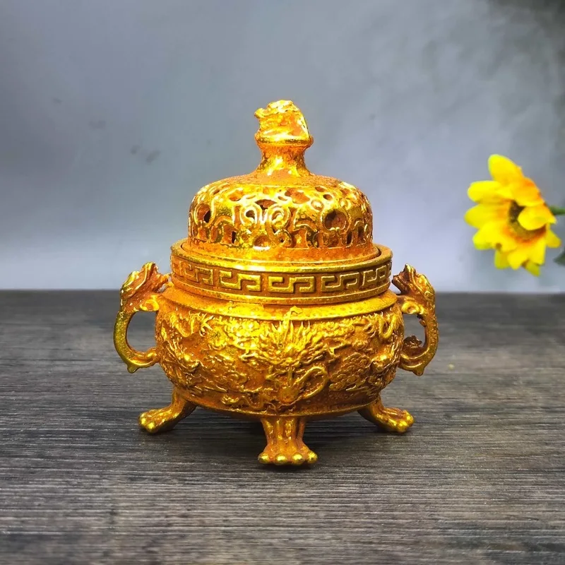 Brass Dragon Design Four-Legged Ornament, Mini Hollow Incense Burner, Chinese Style Desktop Decoration