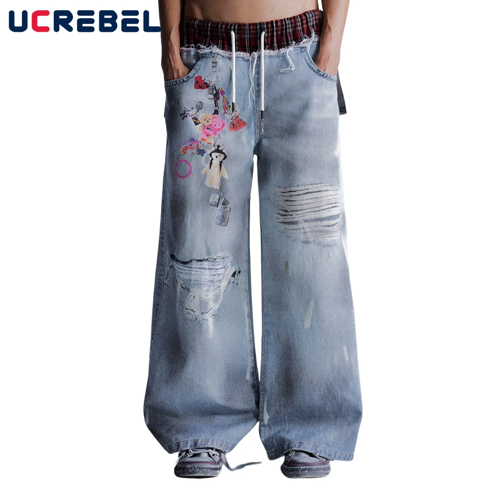

Print Spliced Jeans Mens Retro High Street Washed Distressed Drawstring elastic waist Wide leg Baggy Denim Pants Man