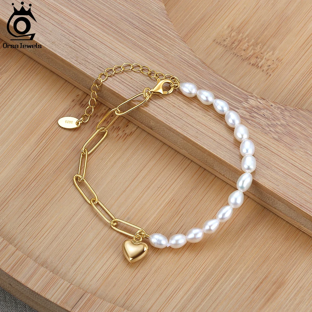 ORSA JEWELS Handmade 925 Sterling Silver Paperclip Link Pearl Chain Bracelet with Heart Pendant for Women Fashion Jewelry GPB17
