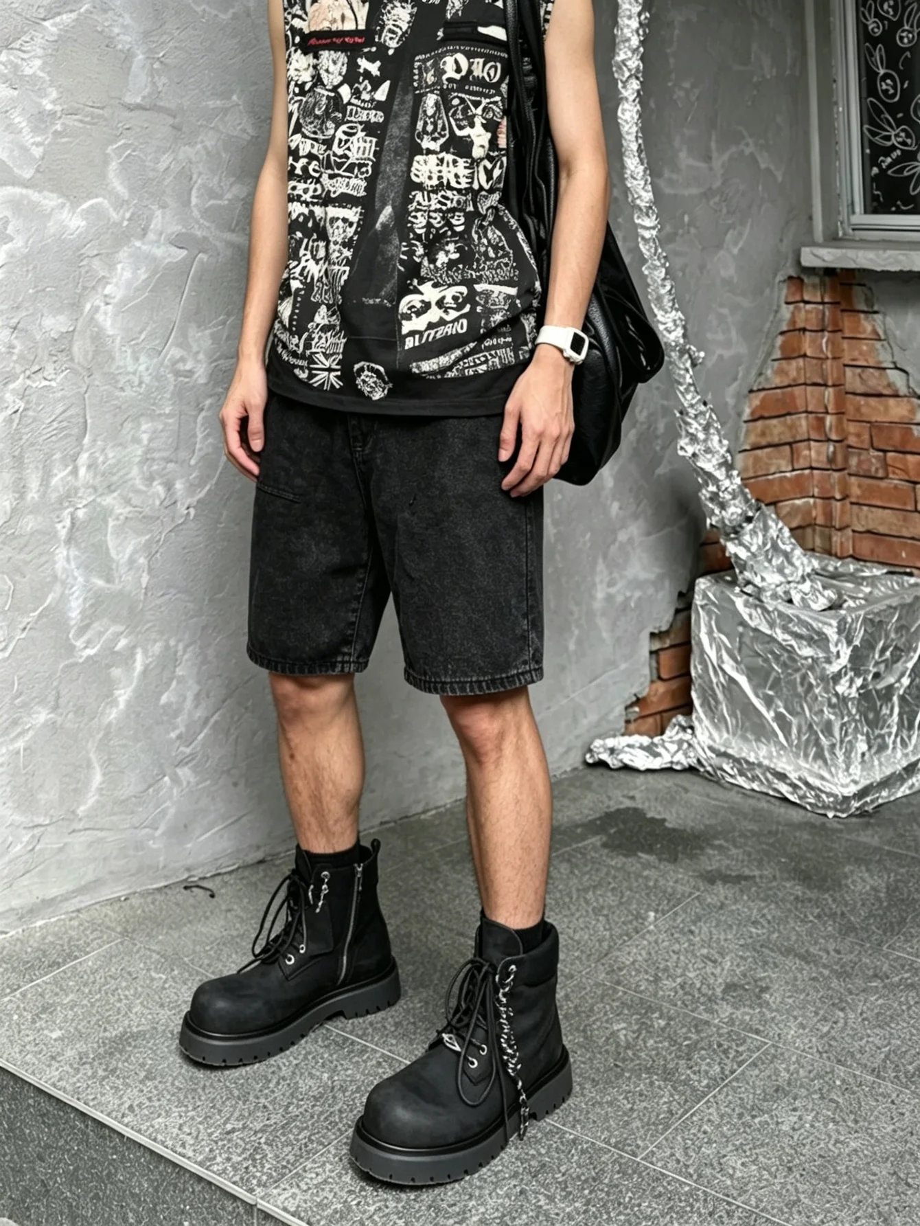 Breathable black non stretch denim jorts men loose fit solid color simple casual daily outdoor short trousers