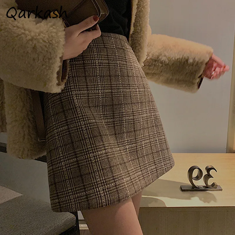 

Retro Plaid Skirts Women American High Waist A-line Autumn Slim Wrap Hip Temperament All-match Streetwear Fashion New Hipster