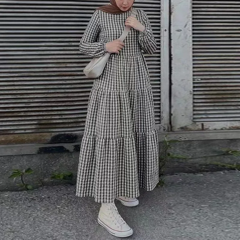 Vintage Plaid Checked Sundress Muslim Women Long Sleeve Ruffles Abaya Dubai Dress Robe Femme Holiday Islamic Clothing