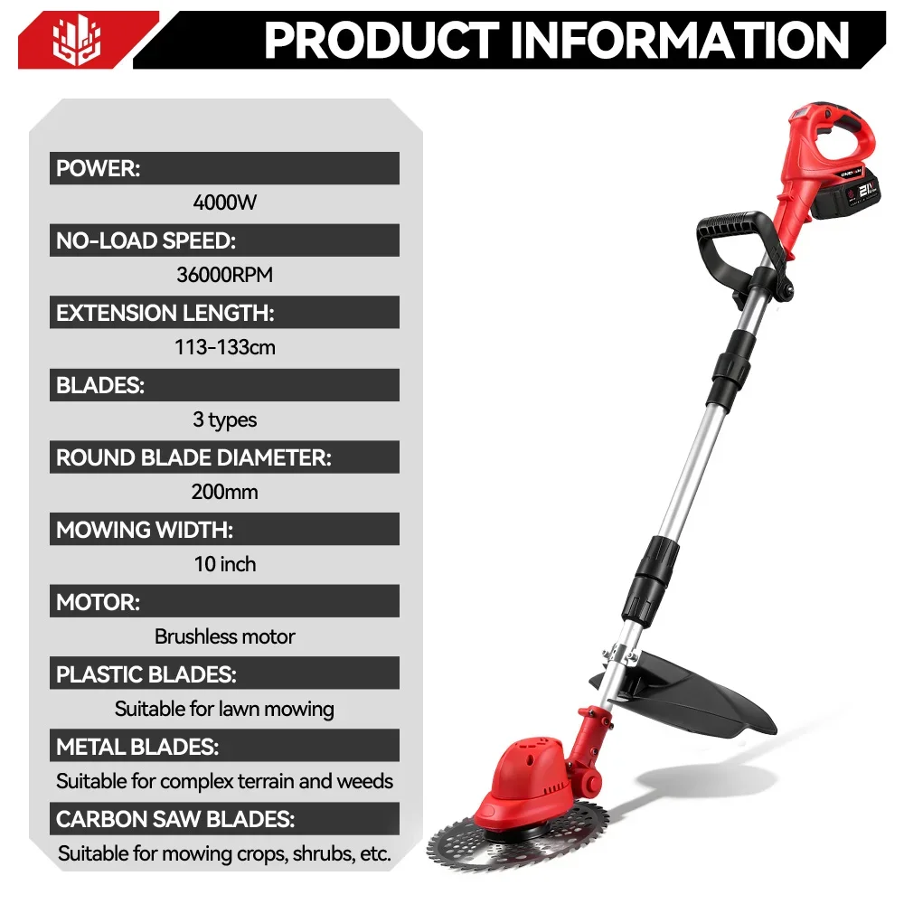 ONEVAN 36000RPM Bürstenloser Elektrischer Rasenmäher 10 Zoll Kabelloser Garten-Rasentrimmer Schneidwerkzeug für Makita 18V Akku – Detail 4