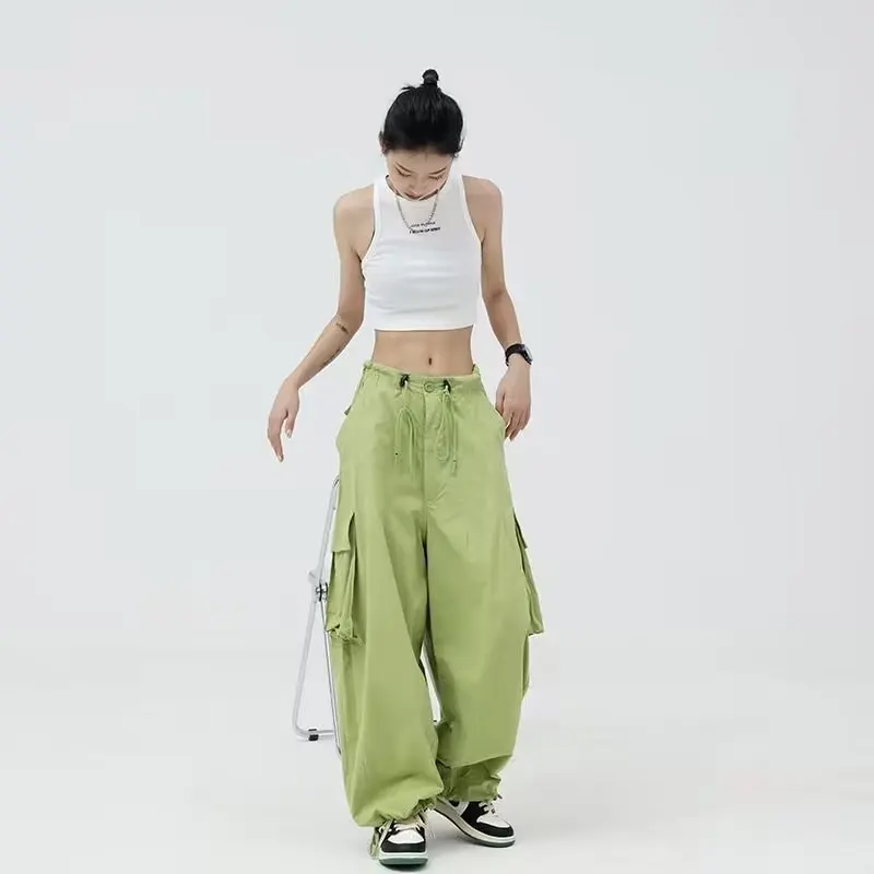 

Y2K parachute pants Wide Leg Cargo Pants for Women 90s Vintage Low Waist Drawstring Joggers Tech Pants Streetwear Baggy Trousers