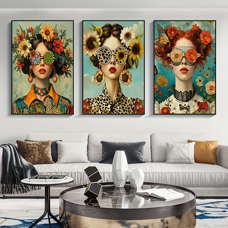 3pcs Nordic Boho Fashion Glasses Woman With Flowers Wall Art Canvas Painting Butterfly With Girl Portrait Poster Prints Picture
