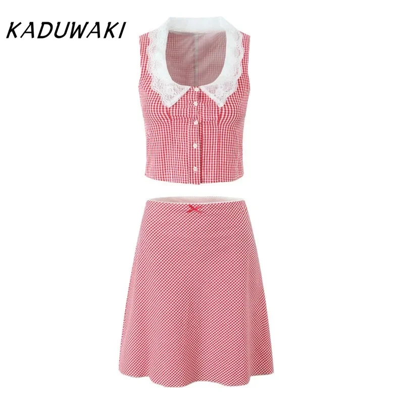 

KADUWAKI Sexy U Collar Open Buttons Casual Lady Sleeveless Tanks Elastic Waist Knee Length A-line Skirt Plaid Spliced Lace Sets