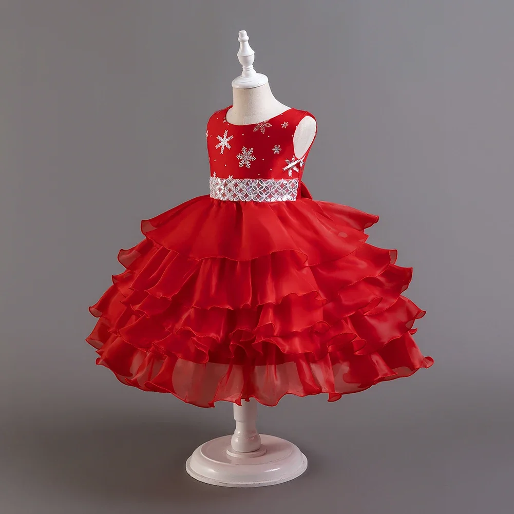 Red girl fluffy mesh sequin cake dress sleeveless Kids party dress  for 2 to 10 years child holiday clothing