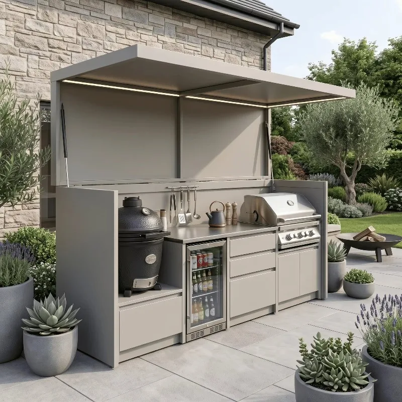 Complete Patio BBQ Kitchen Set, High-Quality Rust-Proof 304 Stainless Steel Outdoor Shed With Grill And Refrigerator
