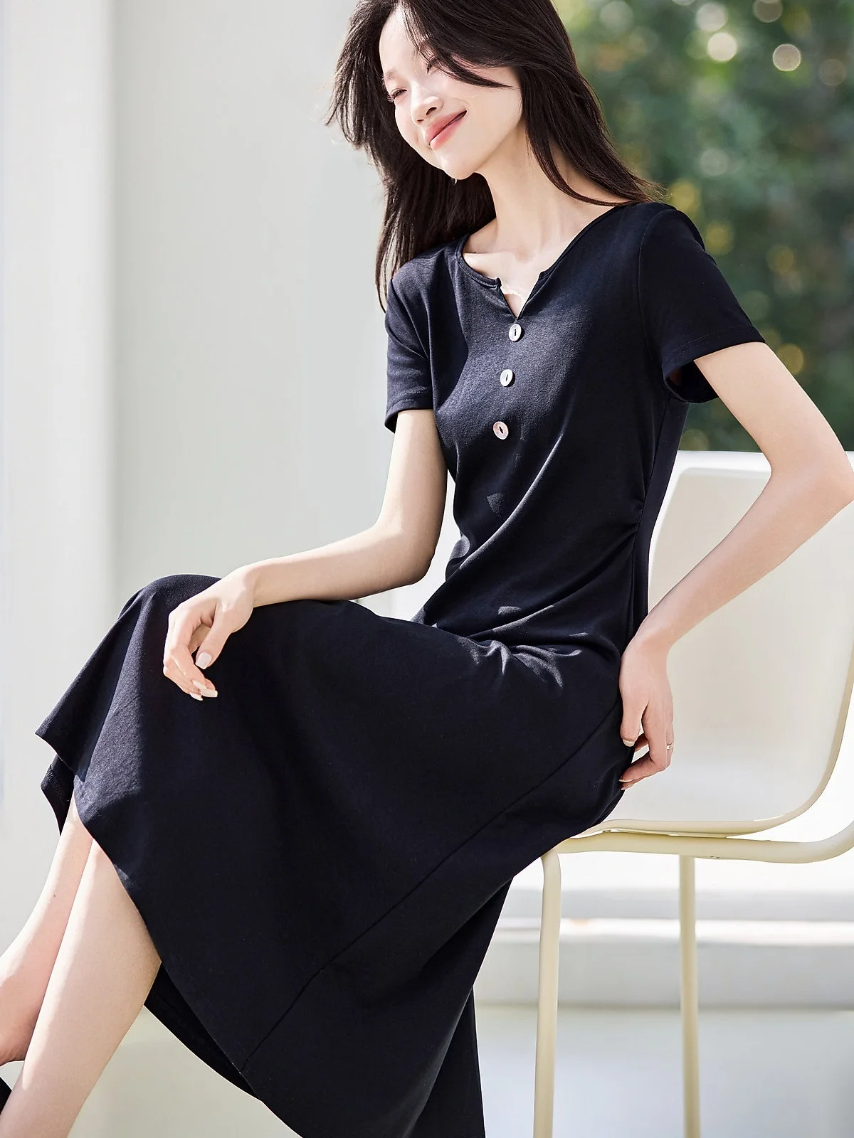 Versatile Mid-Length V-Neck Anti-Balloning Black Dress Cotton Blend Summer OL Style High Waist A-Line Skirt Casual Wear