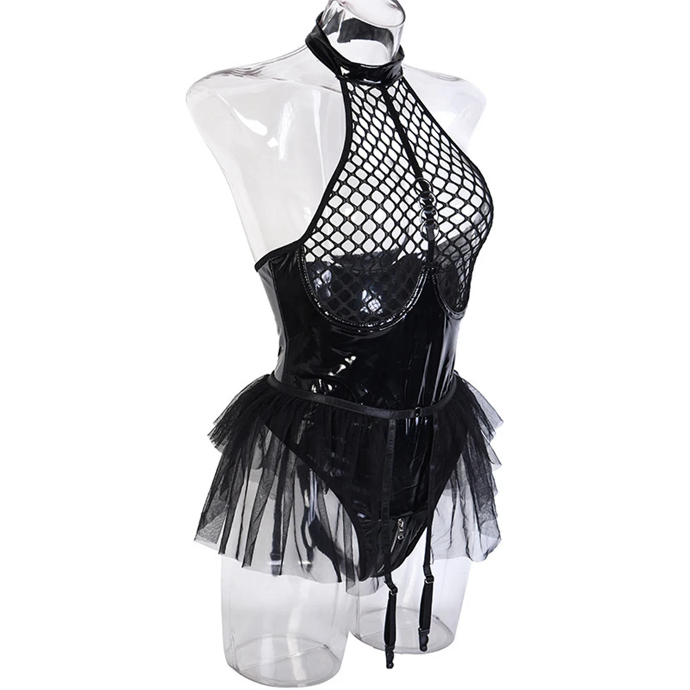 

Women Sexy Shiny PU Leather Fishnet See Through Bodysuit Lace Mini Skirt Border Garters Lingerie Set Erotic Sleepwear Clubwear