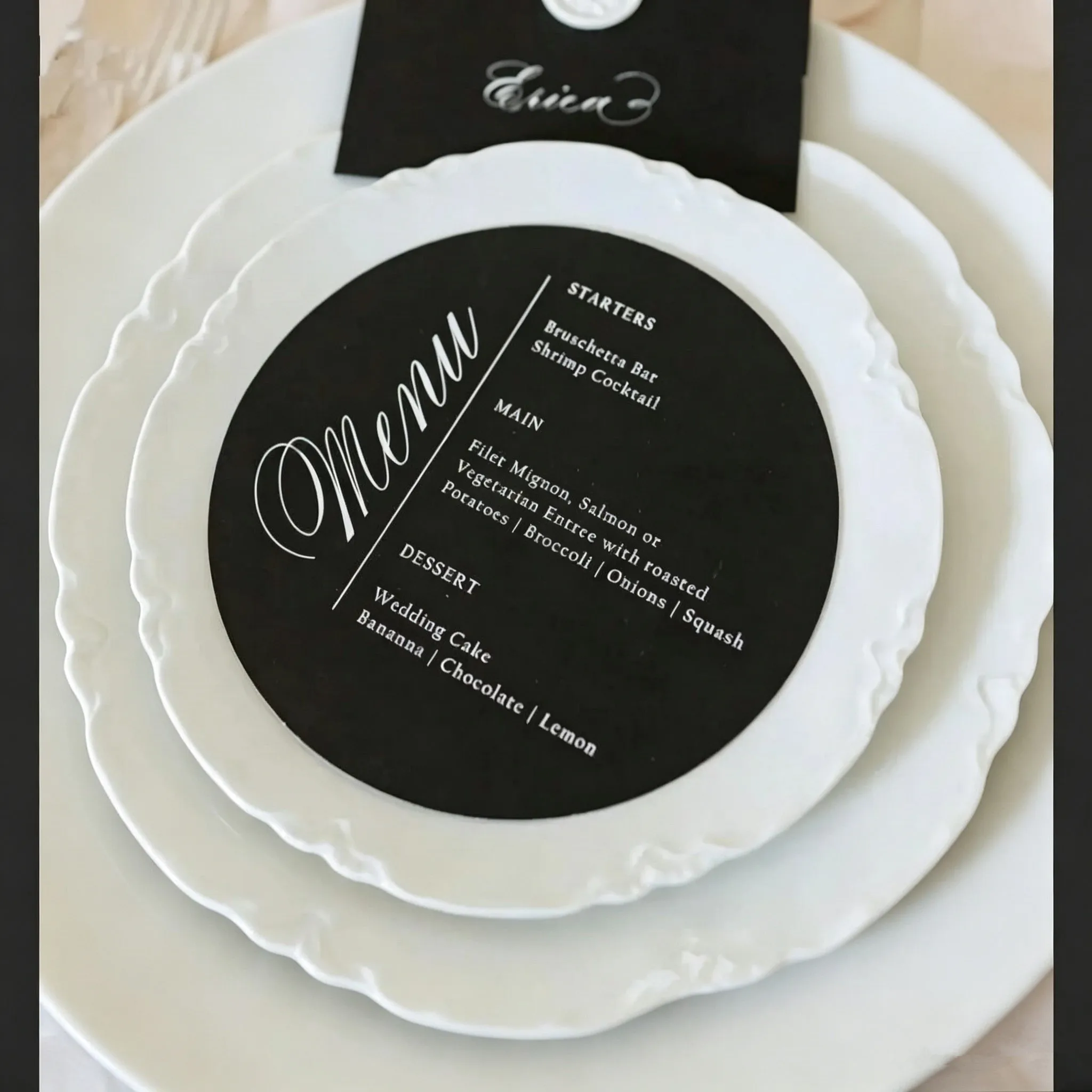 10pcs Elegant Black Paper Wedding Menu Invitation Card with White Ink Print Round Shape Custom Thank you Card Design