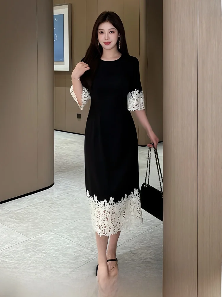 

Elegant Lace Waist-Cinching Long Dress Korean Style Commute High Waist A-Line Skirt Short Sleeve Breathable Skin-friendly Sum...