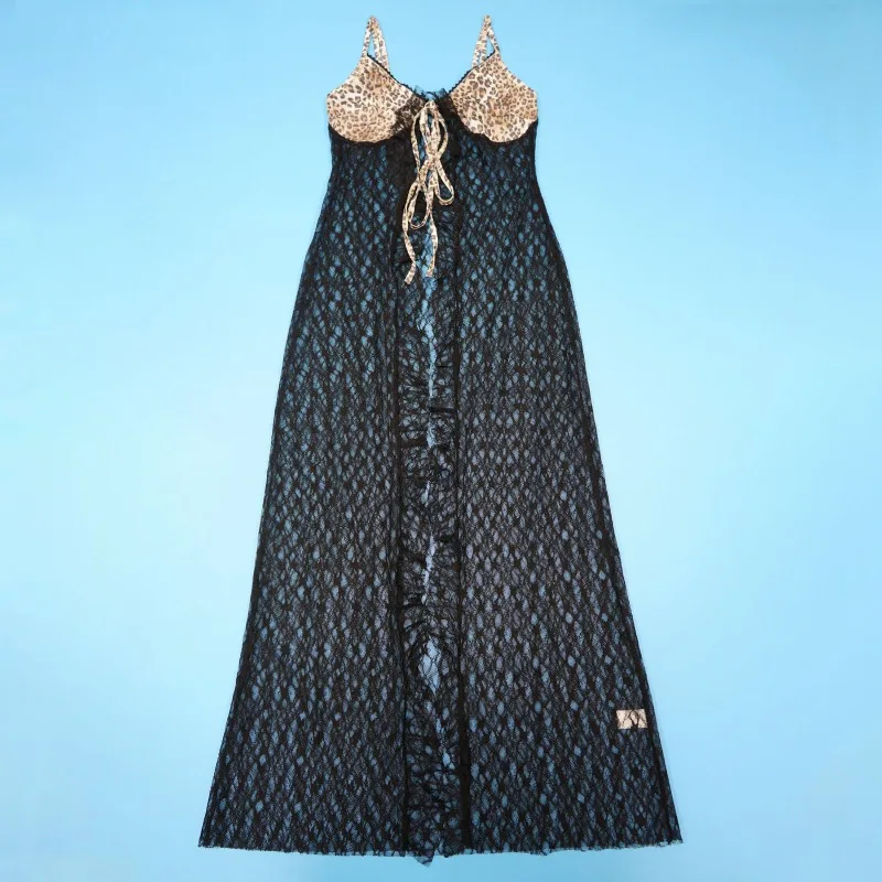 KEXU Fashion Robe longue sexy en dentelle transparente imprimé léopard pour femme avec bretelles et col en V profond avec mini-jupe