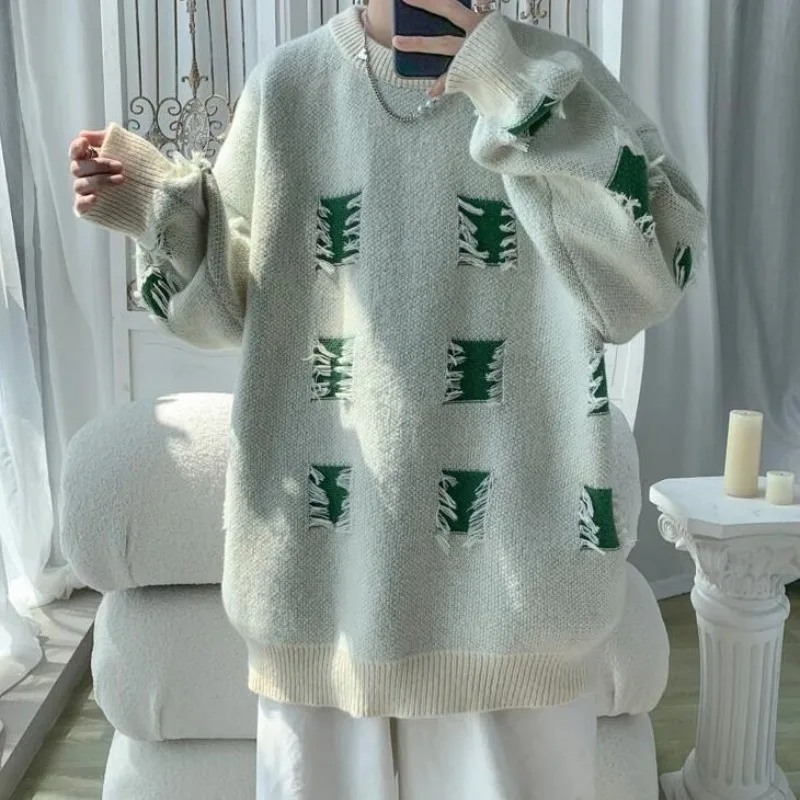 Pullover Man with Holes Aesthetic Korean Popular Clothes Top Autumnr and Winter Knitwear Y2k No Hoodie Knitted Sweaters for Men