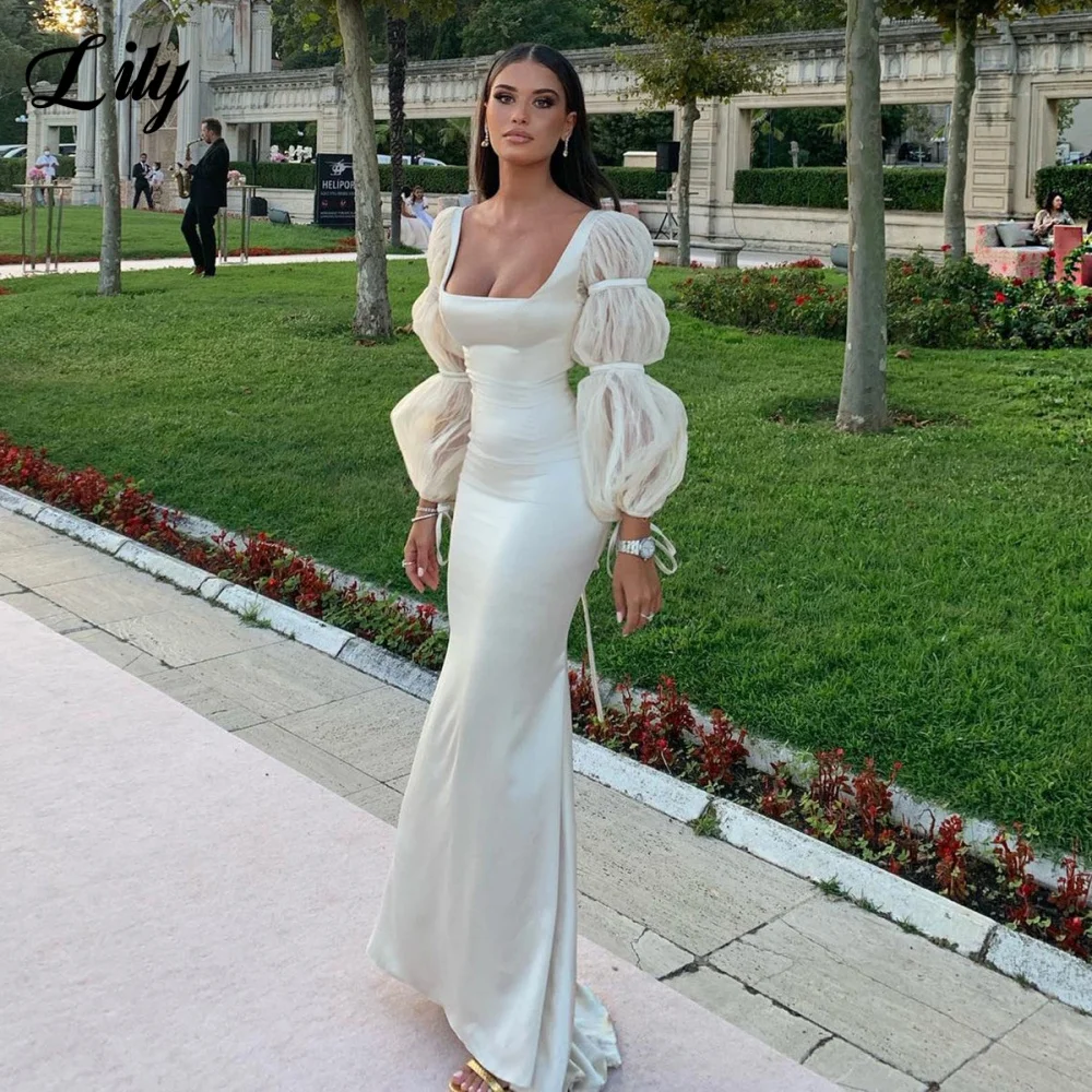 

Lily White Evening Dresses Puffy Sleeve Satin Ruched Backless Formal Dresses with Pleats Dresses For Special Events Customized