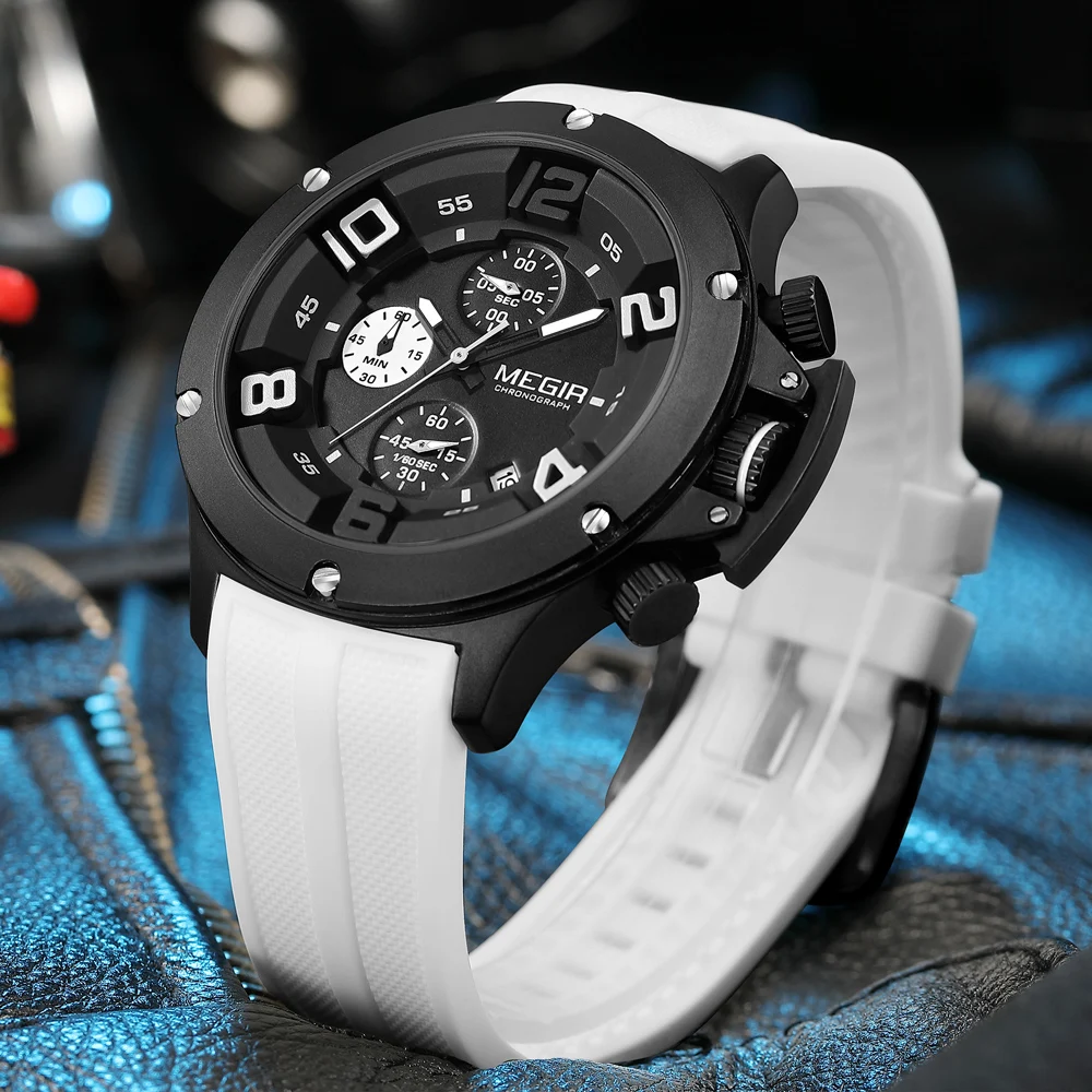 MEGIR 2025 موضة الرجال سيليكون حزام ساعة فاخرة التقويم كرونوغراف كوارتز ساعات المعصم العسكرية الرياضة مضيئة ساعة الذكور